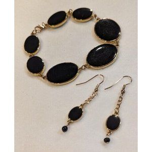 Vintage Gold Tone Black Bracelet Earring Set Classic Stylish